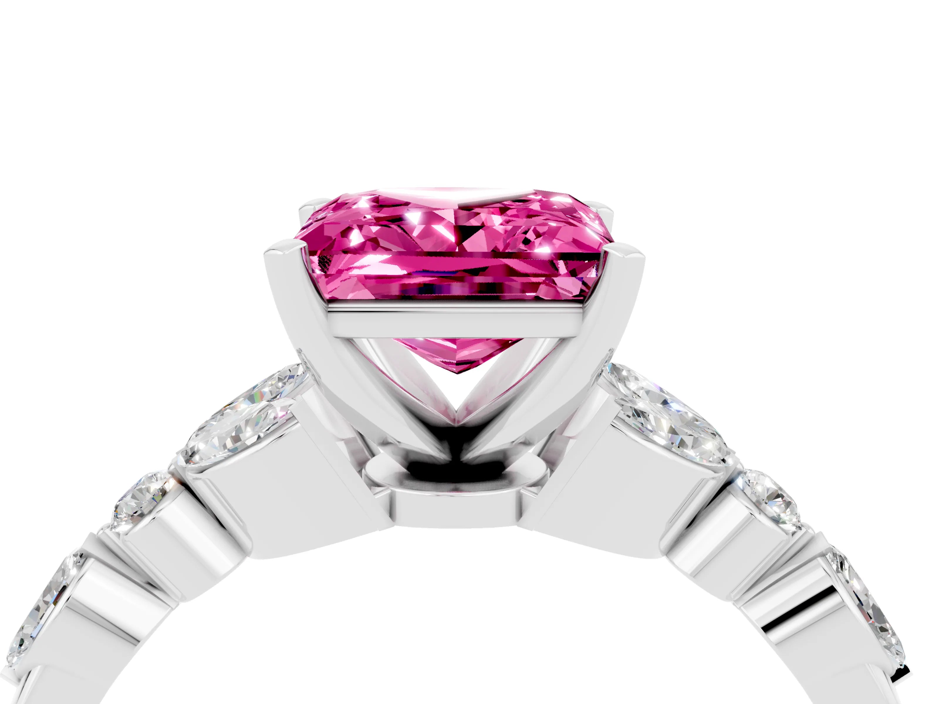White gold Princess Cut Pink Sapphire Solitaire Ring with Side Stones and Four-Prong Setting_16