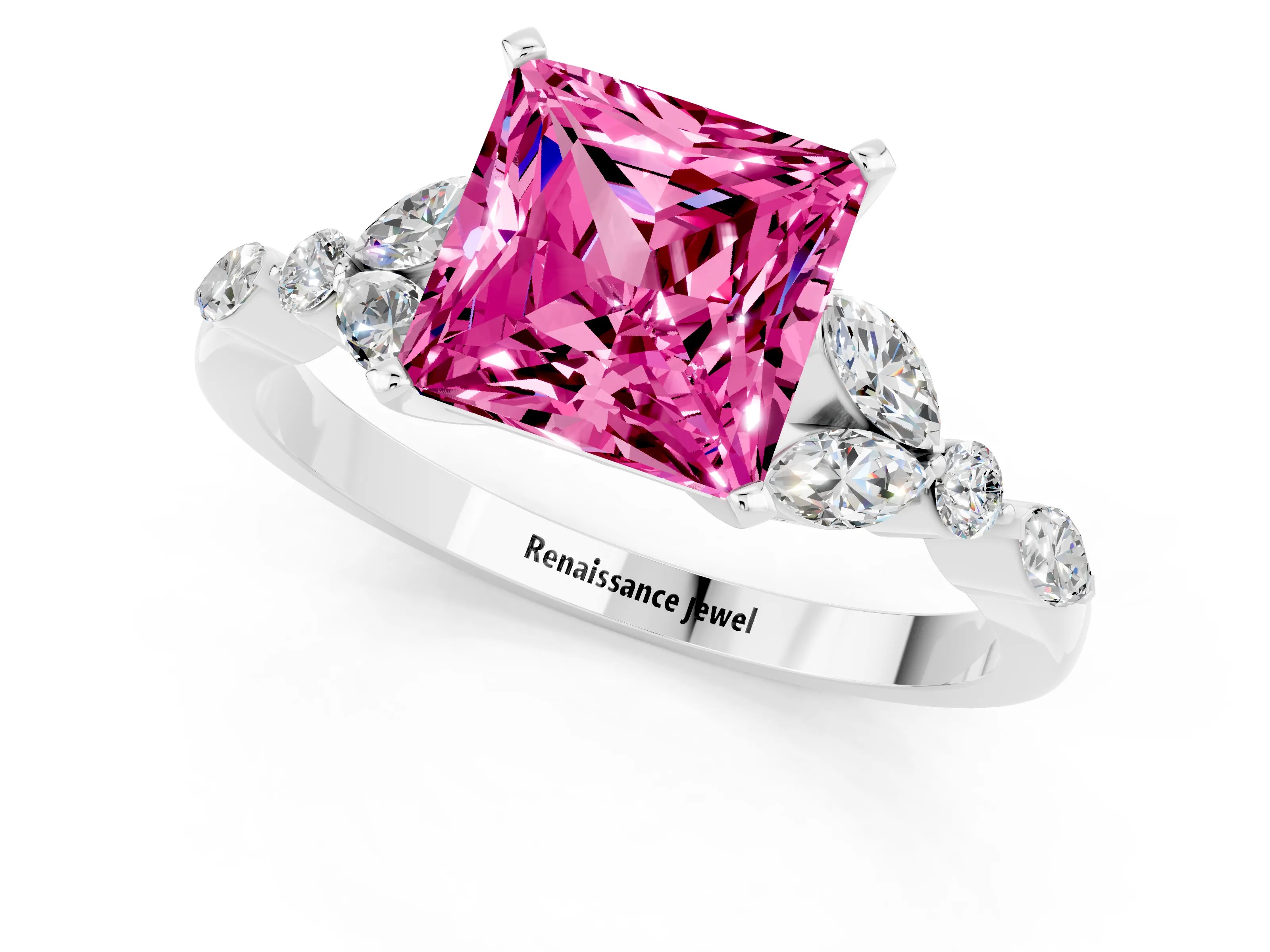 White gold Princess Cut Pink Sapphire Solitaire Ring with Side Stones and Four-Prong Setting_25