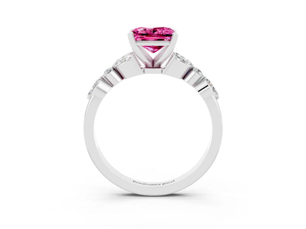 White gold Princess Cut Pink Sapphire Solitaire Ring with Side Stones and Four-Prong Setting