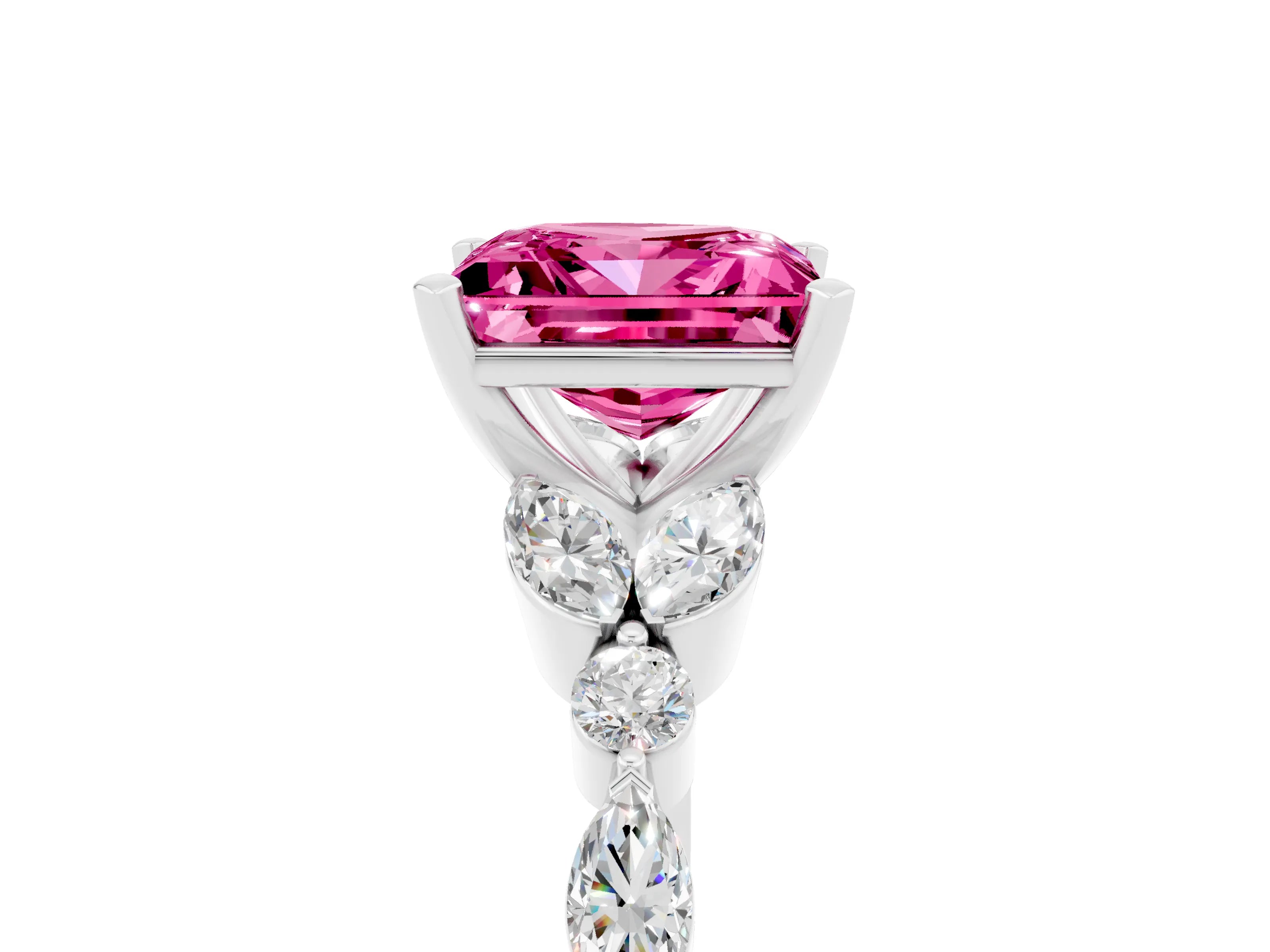 White gold Princess Cut Pink Sapphire Solitaire Ring with Side Stones and Four-Prong Setting_29