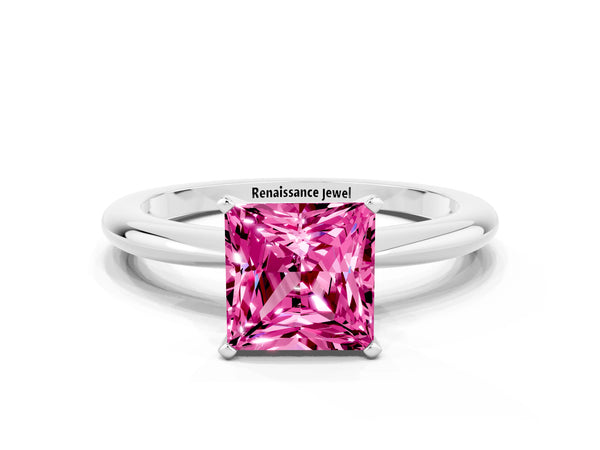 Platinum Princess Cut Pink Sapphire Solitaire Ring with Six-Prong Setting and Classic Band