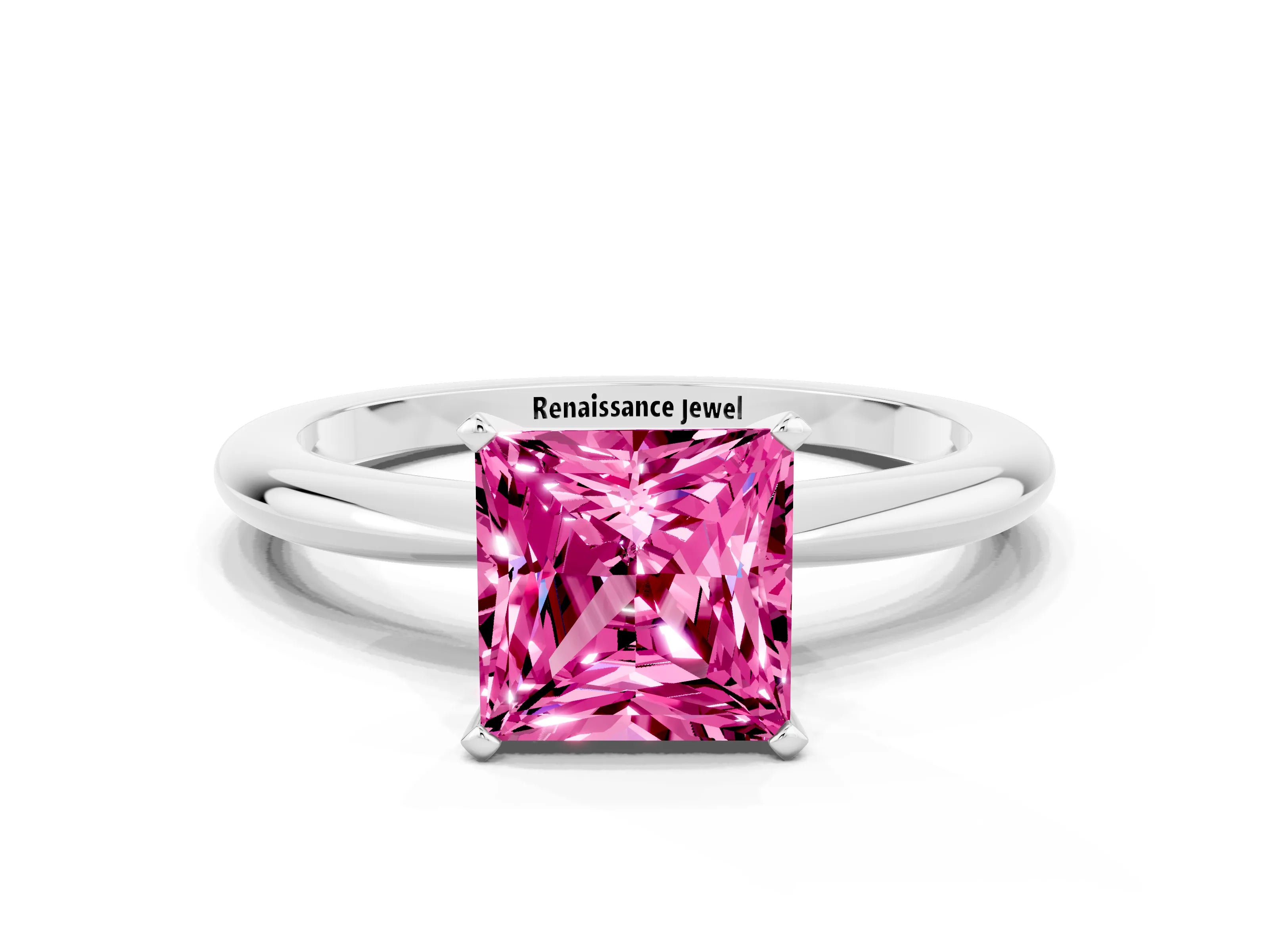White gold Princess Cut Pink Sapphire Solitaire Ring with Six-Prong Setting and Classic Band_24