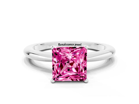 White gold Princess Cut Pink Sapphire Solitaire Ring with Six-Prong Setting and Classic Band_24