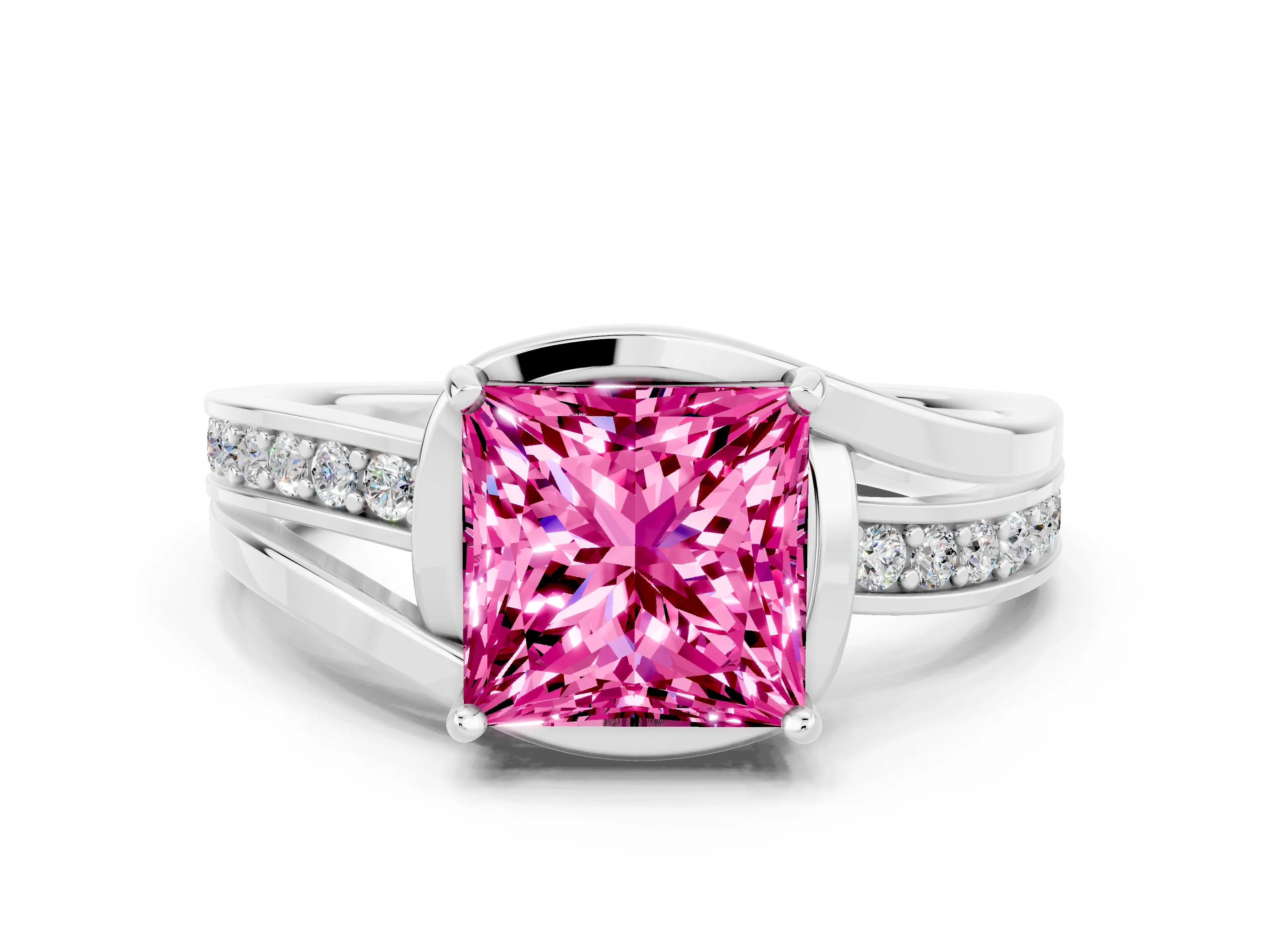 White gold Princess Cut Pink Sapphire Solitaire Ring with Split Shank and Prong Setting