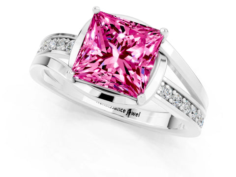White gold Princess Cut Pink Sapphire Solitaire Ring with Split Shank and Prong Setting_1
