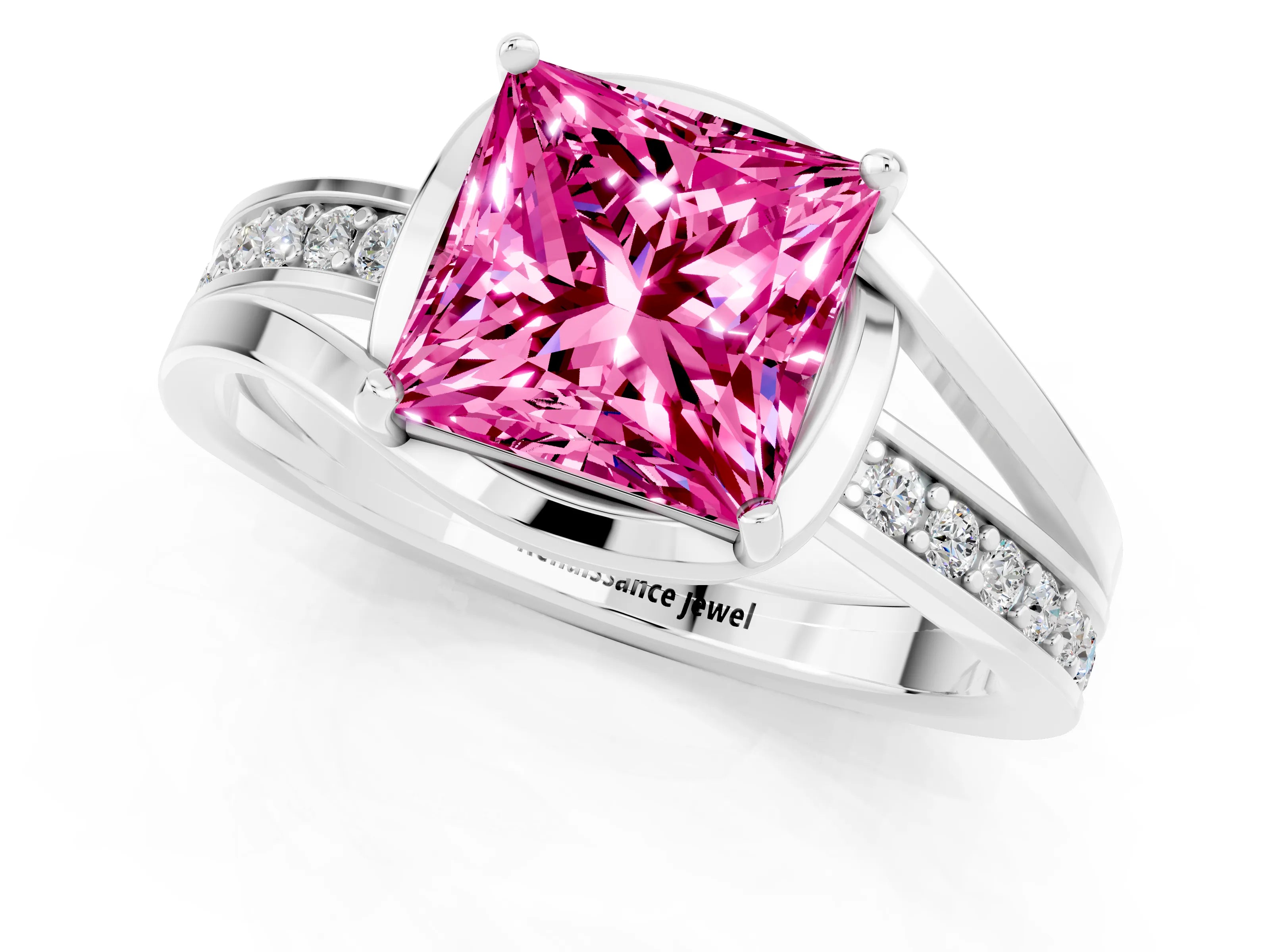 White gold Princess Cut Pink Sapphire Solitaire Ring with Split Shank and Prong Setting_1