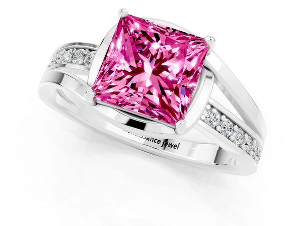 Silver Princess Cut Pink Sapphire Solitaire Ring with Split Shank and Prong Setting