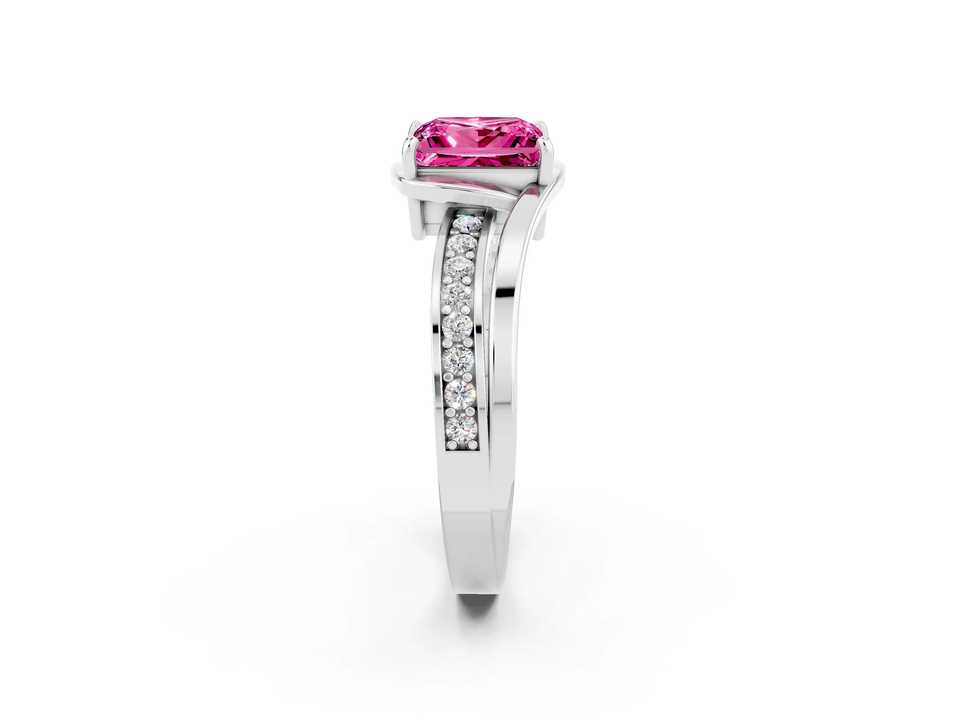 White gold Princess Cut Pink Sapphire Solitaire Ring with Split Shank and Prong Setting_2