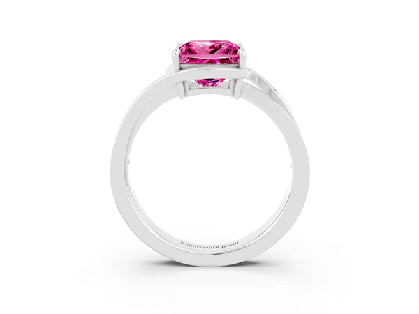 Silver Princess Cut Pink Sapphire Solitaire Ring with Split Shank and Prong Setting