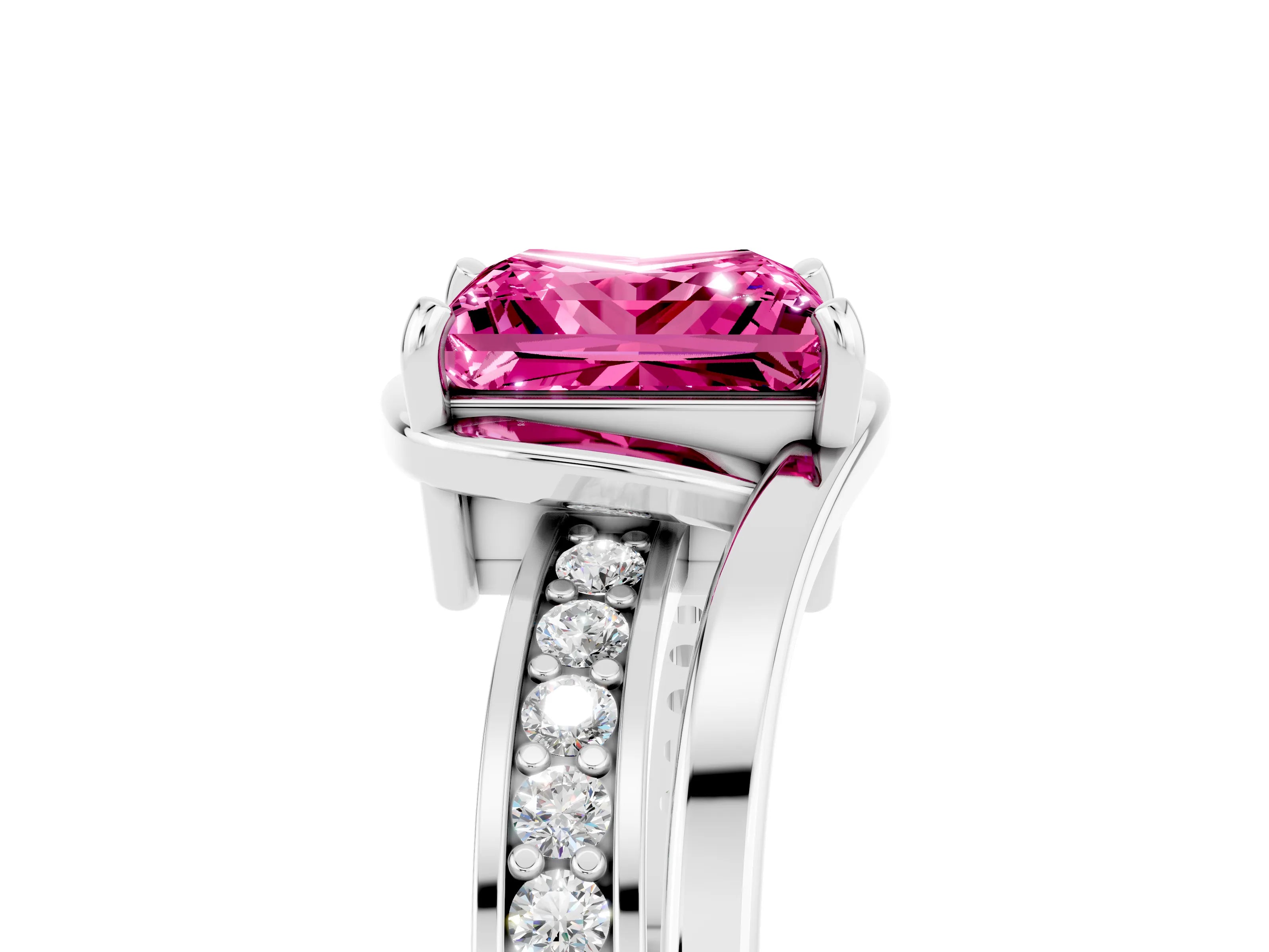 White gold Princess Cut Pink Sapphire Solitaire Ring with Split Shank and Prong Setting_5