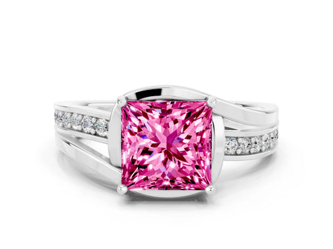 White gold Princess Cut Pink Sapphire Solitaire Ring with Split Shank and Prong Setting