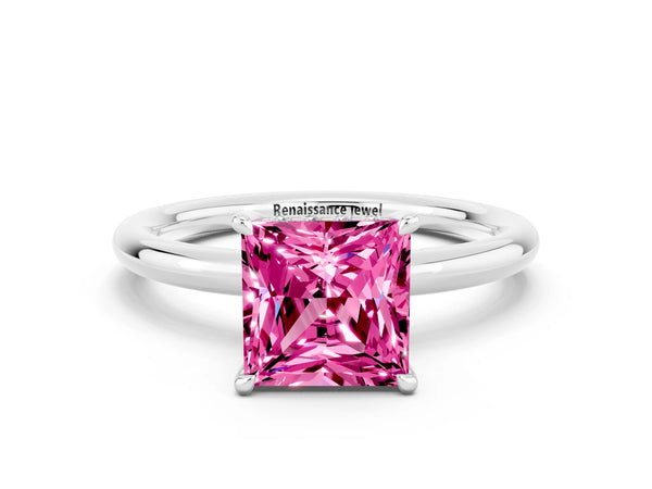 White gold Princess Cut Pink Sapphire Solitaire Ring with Thin Band and Four-Prong Setting