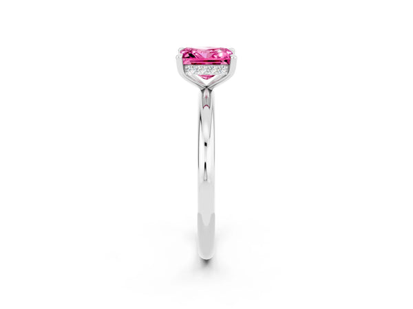 Silver Princess Cut Pink Sapphire Solitaire Ring with Thin Band and Four-Prong Setting