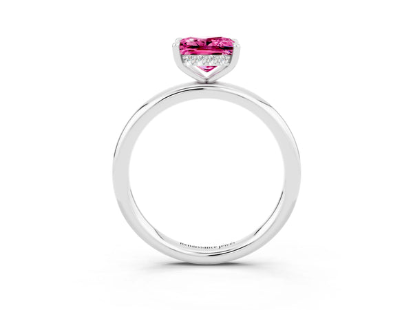 White gold Princess Cut Pink Sapphire Solitaire Ring with Thin Band and Four-Prong Setting