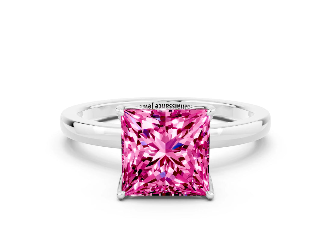 White gold Princess Cut Pink Sapphire Solitaire Ring with Thin Band and Prong Setting_12