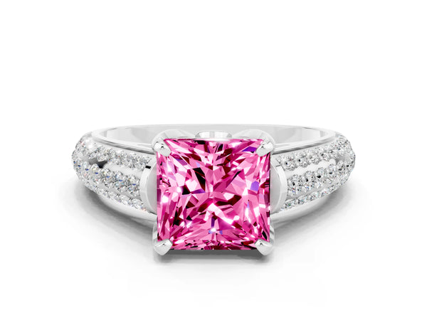 White gold Princess Cut Pink Sapphire Solitaire Ring with Three-Row Pavé Band and Four-Prong Setting