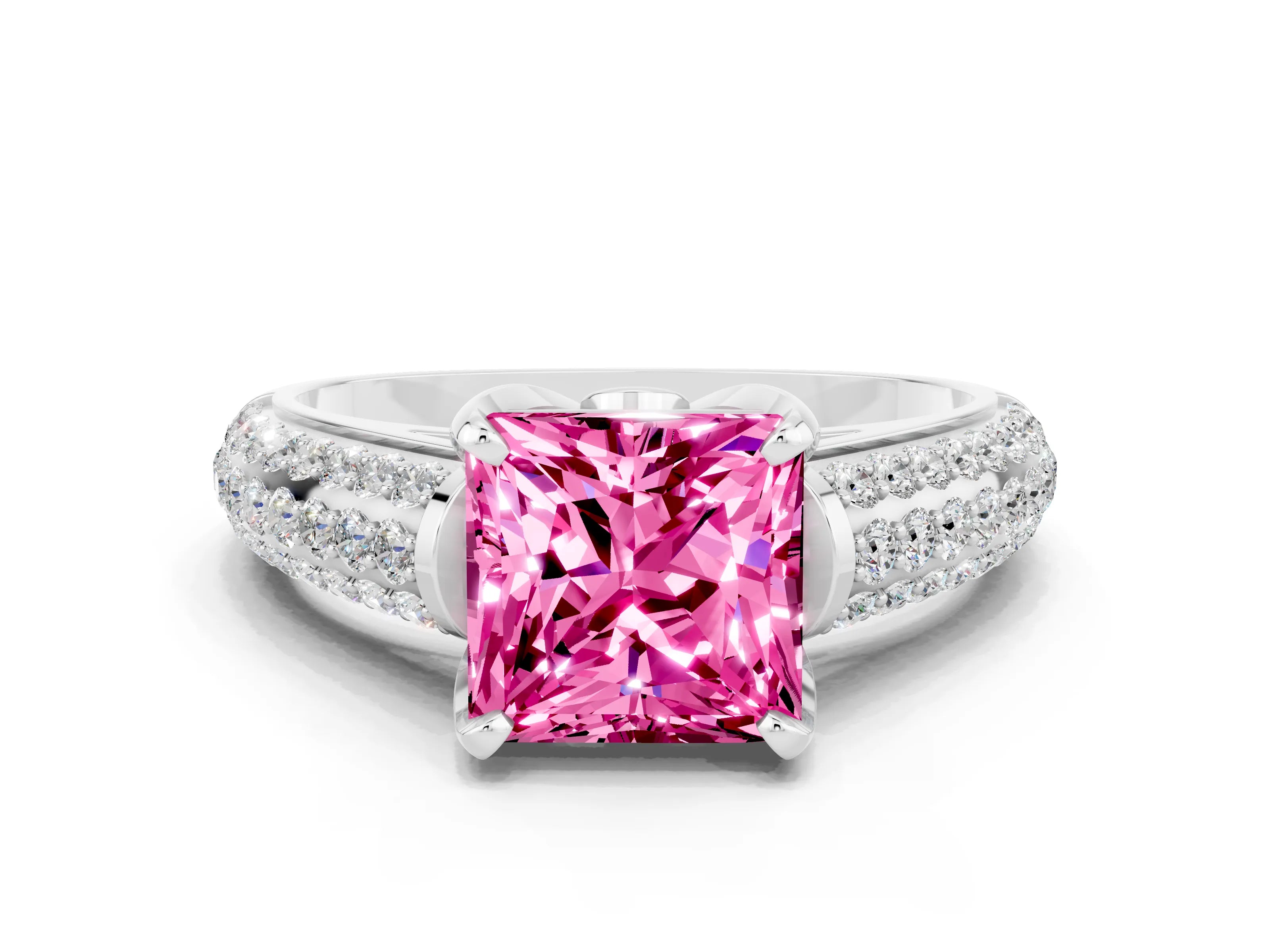 White gold Princess Cut Pink Sapphire Solitaire Ring with Three-Row Pavé Band and Four-Prong Setting_12
