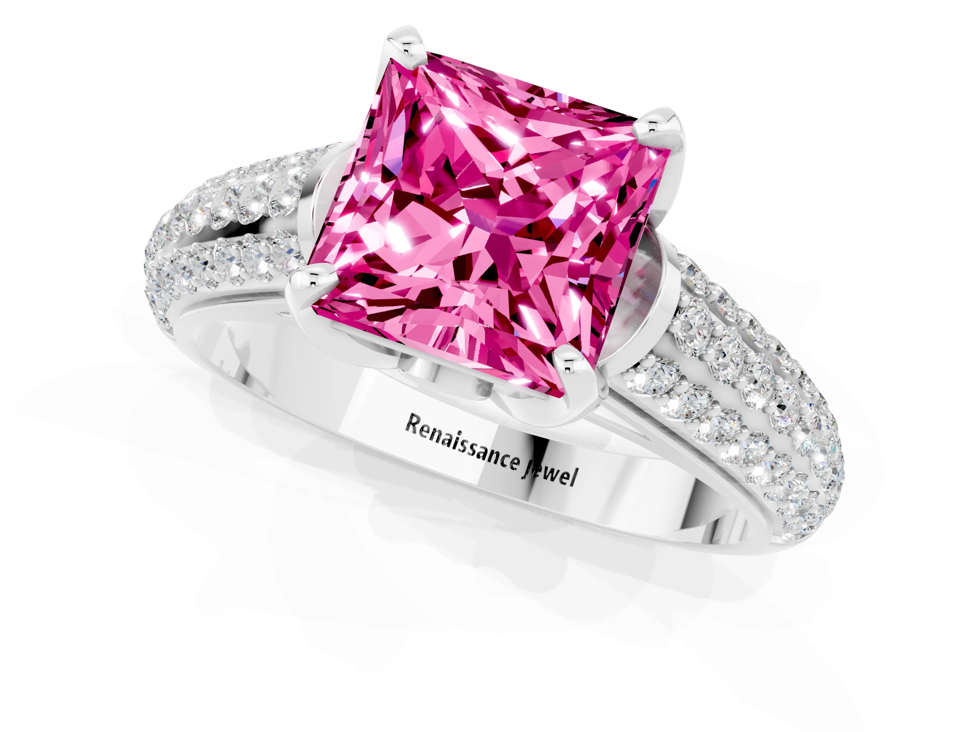 White gold Princess Cut Pink Sapphire Solitaire Ring with Three-Row Pavé Band and Four-Prong Setting_13