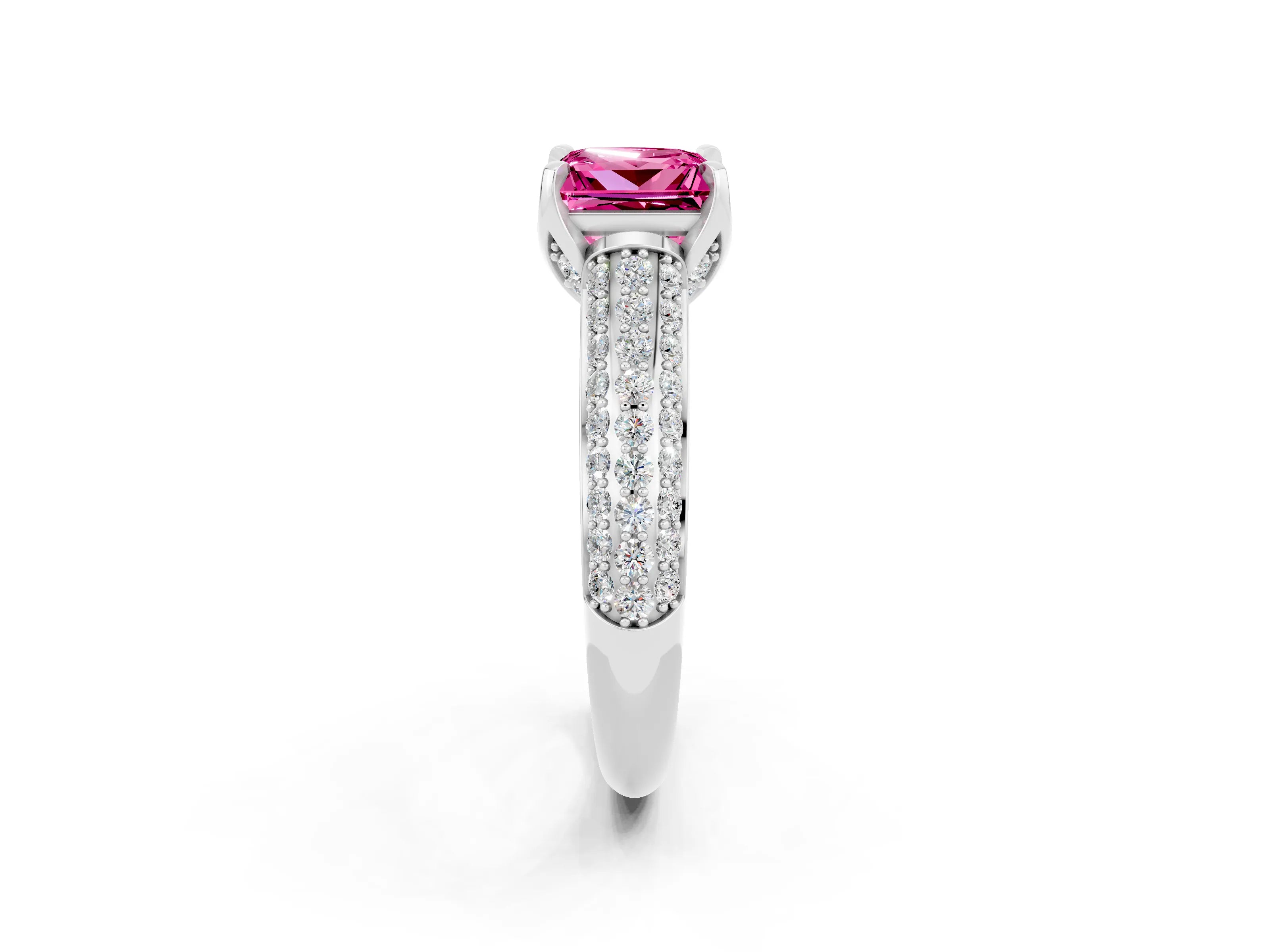 White gold Princess Cut Pink Sapphire Solitaire Ring with Three-Row Pavé Band and Four-Prong Setting_14