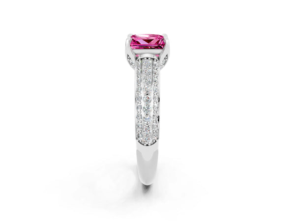 White gold Princess Cut Pink Sapphire Solitaire Ring with Three-Row Pavé Band and Four-Prong Setting