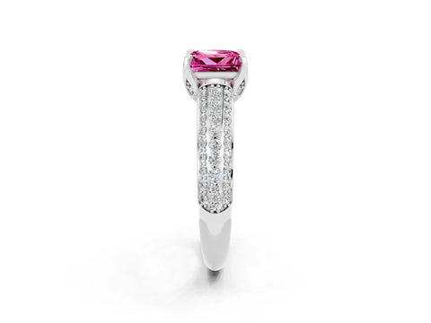 White gold Princess Cut Pink Sapphire Solitaire Ring with Three-Row Pavé Band and Four-Prong Setting_14