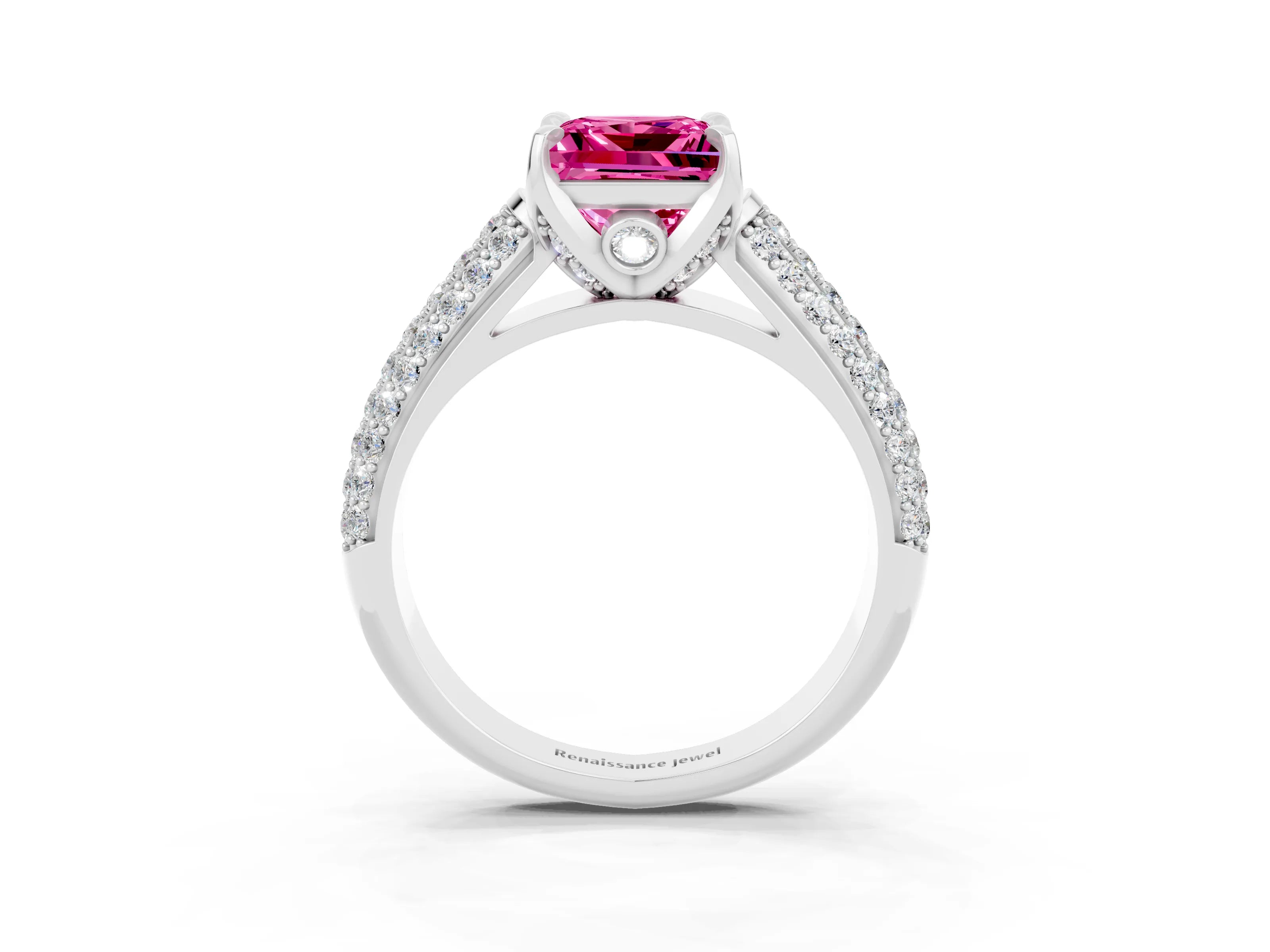 White gold Princess Cut Pink Sapphire Solitaire Ring with Three-Row Pavé Band and Four-Prong Setting_15