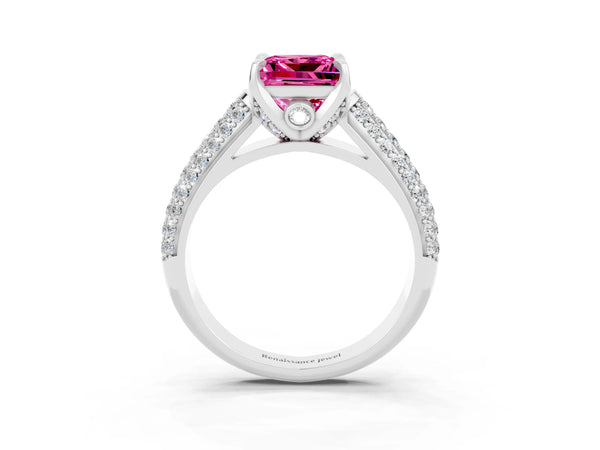 Silver Princess Cut Pink Sapphire Solitaire Ring with Three-Row Pavé Band and Four-Prong Setting