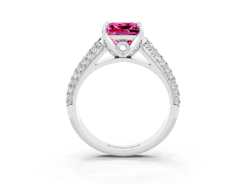 White gold Princess Cut Pink Sapphire Solitaire Ring with Three-Row Pavé Band and Four-Prong Setting_15