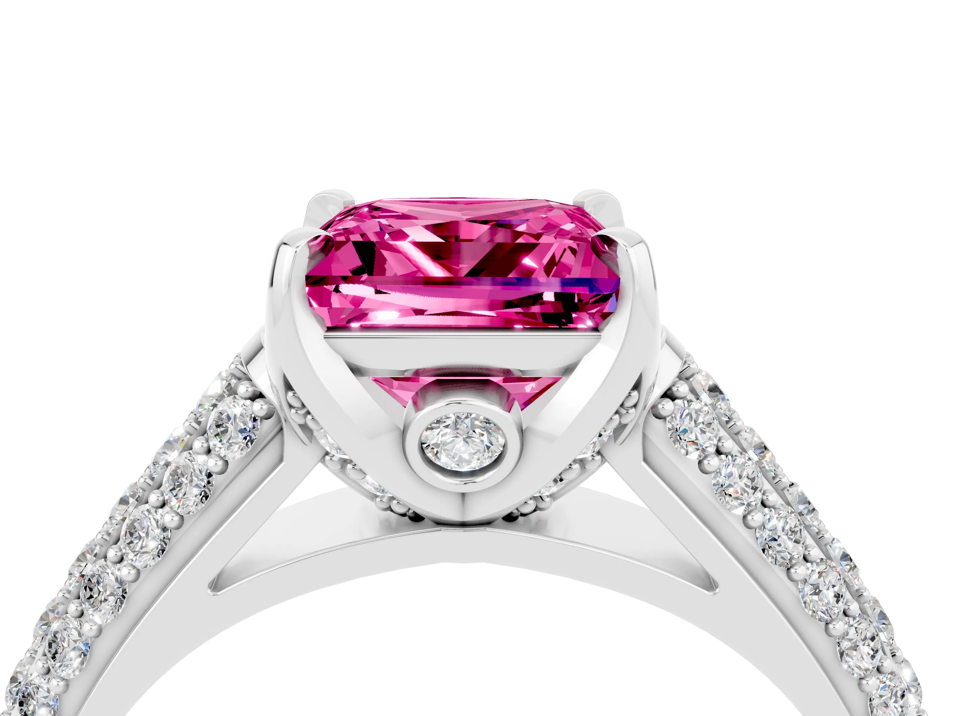 White gold Princess Cut Pink Sapphire Solitaire Ring with Three-Row Pavé Band and Four-Prong Setting_16