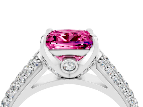 White gold Princess Cut Pink Sapphire Solitaire Ring with Three-Row Pavé Band and Four-Prong Setting_16