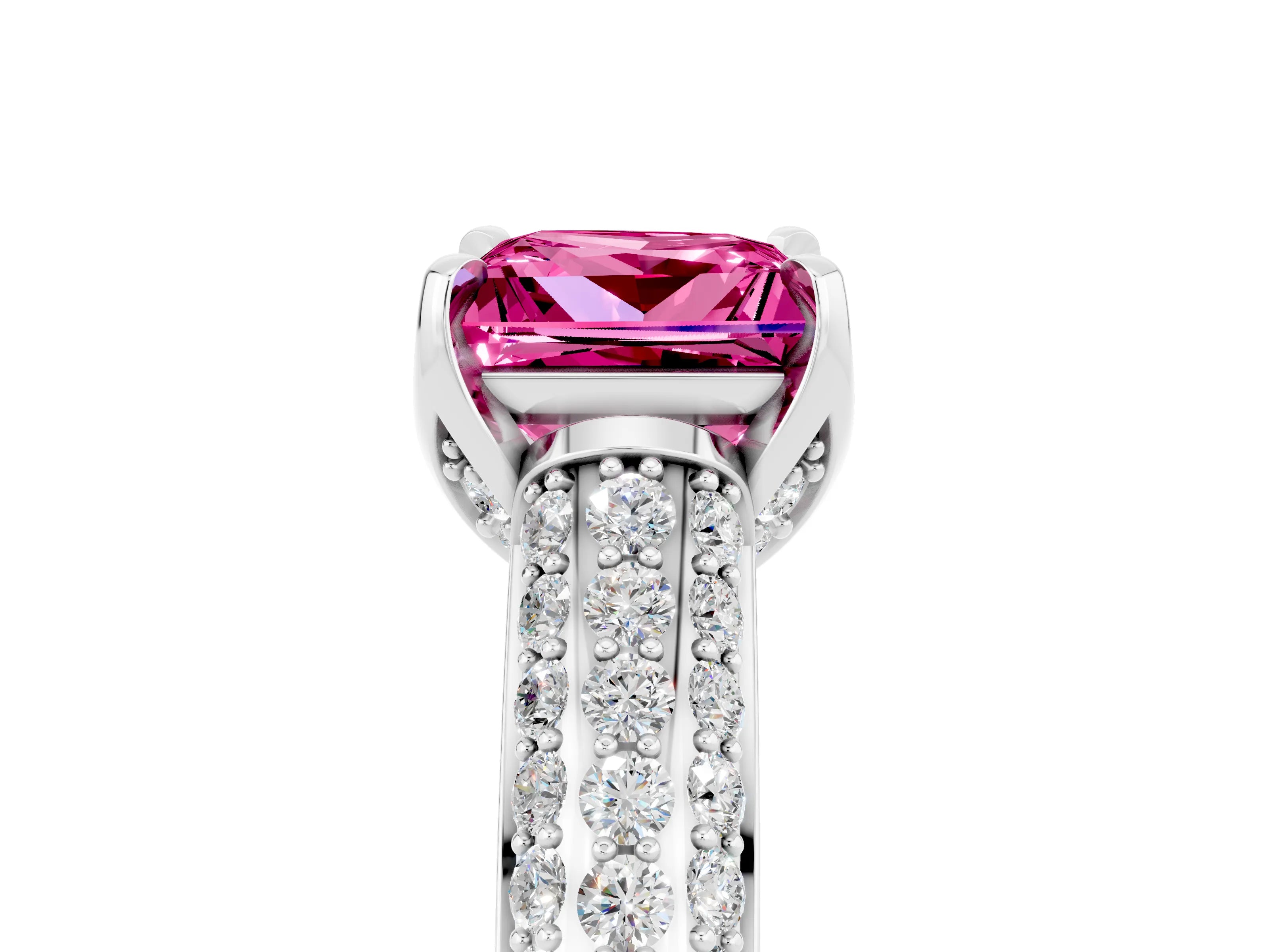 White gold Princess Cut Pink Sapphire Solitaire Ring with Three-Row Pavé Band and Four-Prong Setting_17