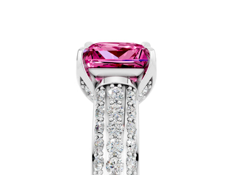 White gold Princess Cut Pink Sapphire Solitaire Ring with Three-Row Pavé Band and Four-Prong Setting_17