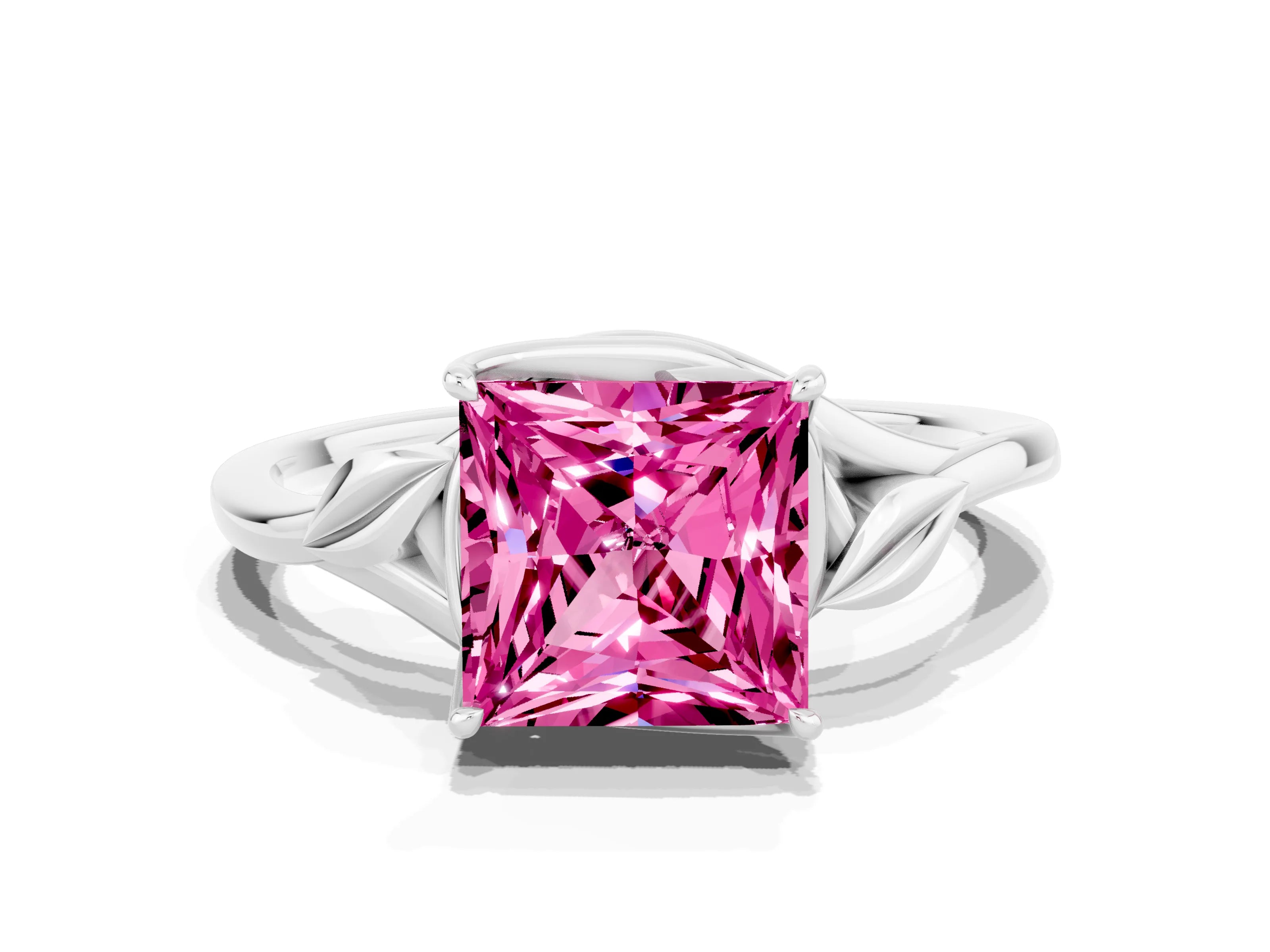 White gold Princess Cut Pink Sapphire Solitaire Ring with Twist Band and Four-Prong Setting_12
