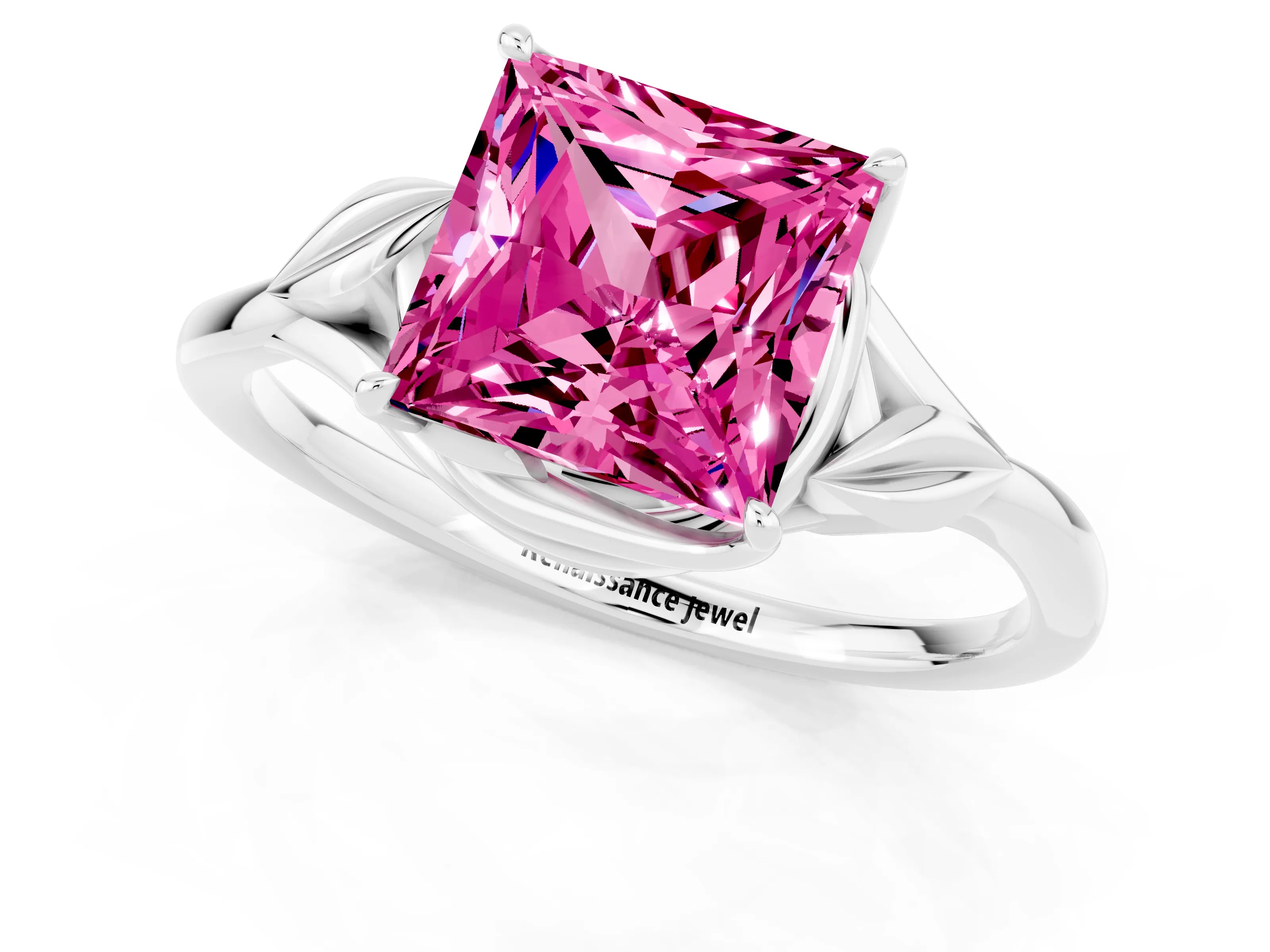 White gold Princess Cut Pink Sapphire Solitaire Ring with Twist Band and Four-Prong Setting_13