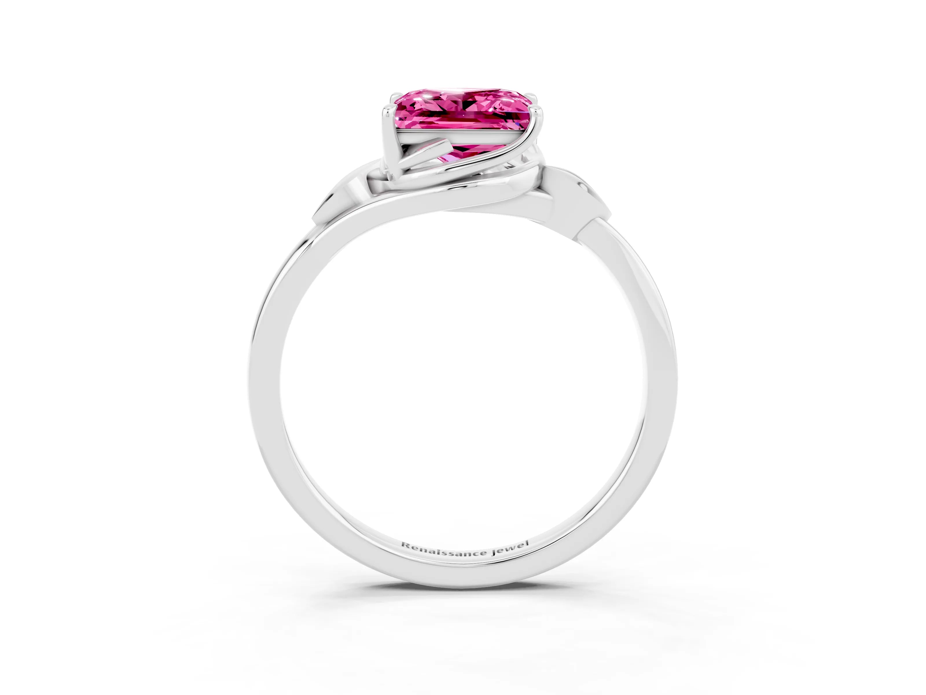 White gold Princess Cut Pink Sapphire Solitaire Ring with Twist Band and Four-Prong Setting_15