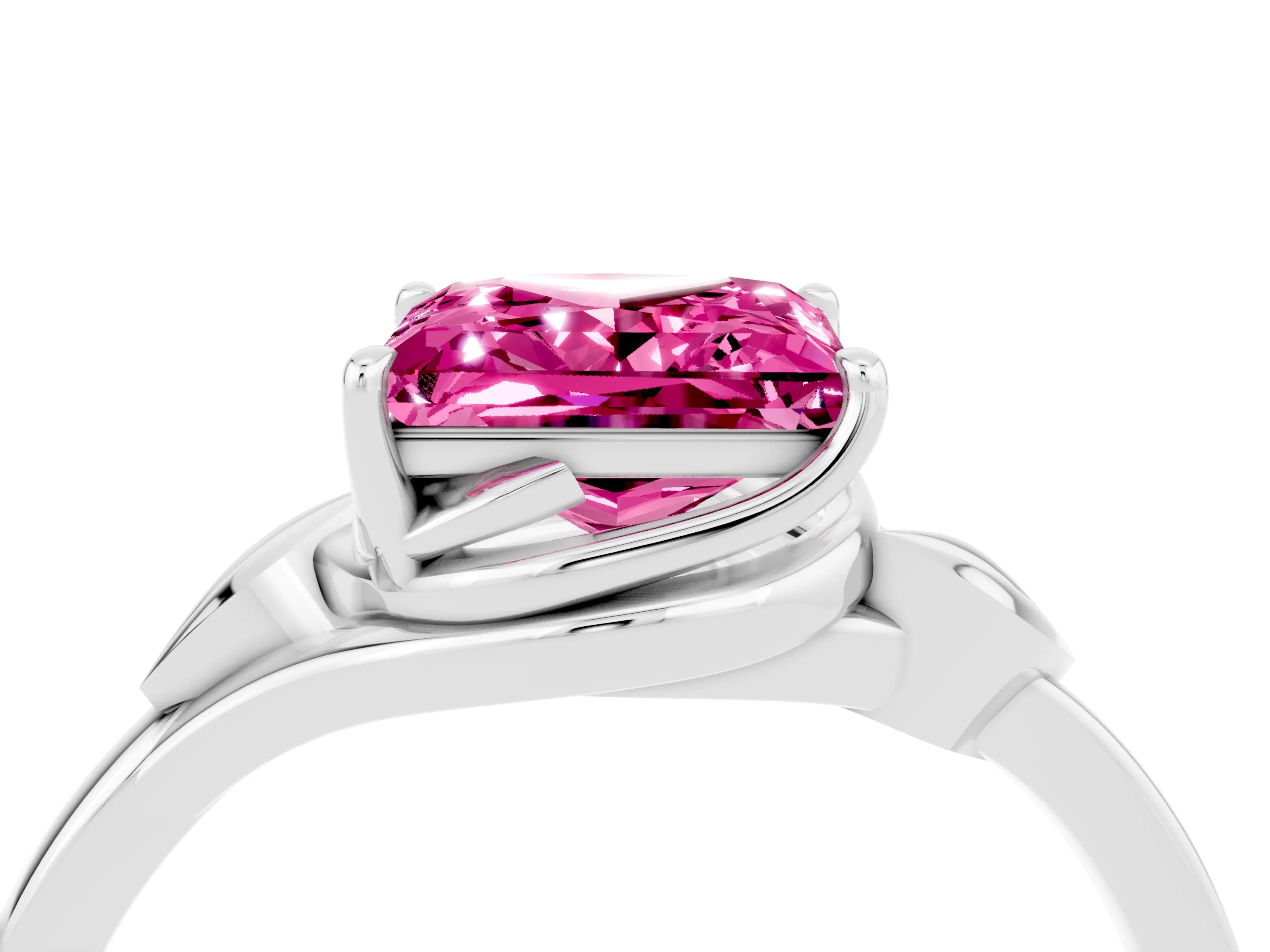 White gold Princess Cut Pink Sapphire Solitaire Ring with Twist Band and Four-Prong Setting_16