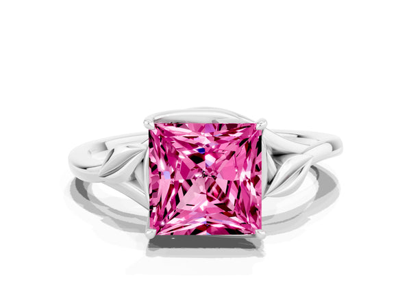 White gold Princess Cut Pink Sapphire Solitaire Ring with Twist Band and Four-Prong Setting