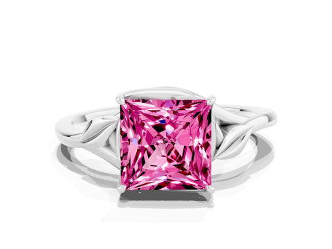 White gold Princess Cut Pink Sapphire Solitaire Ring with Twist Band and Four-Prong Setting_36
