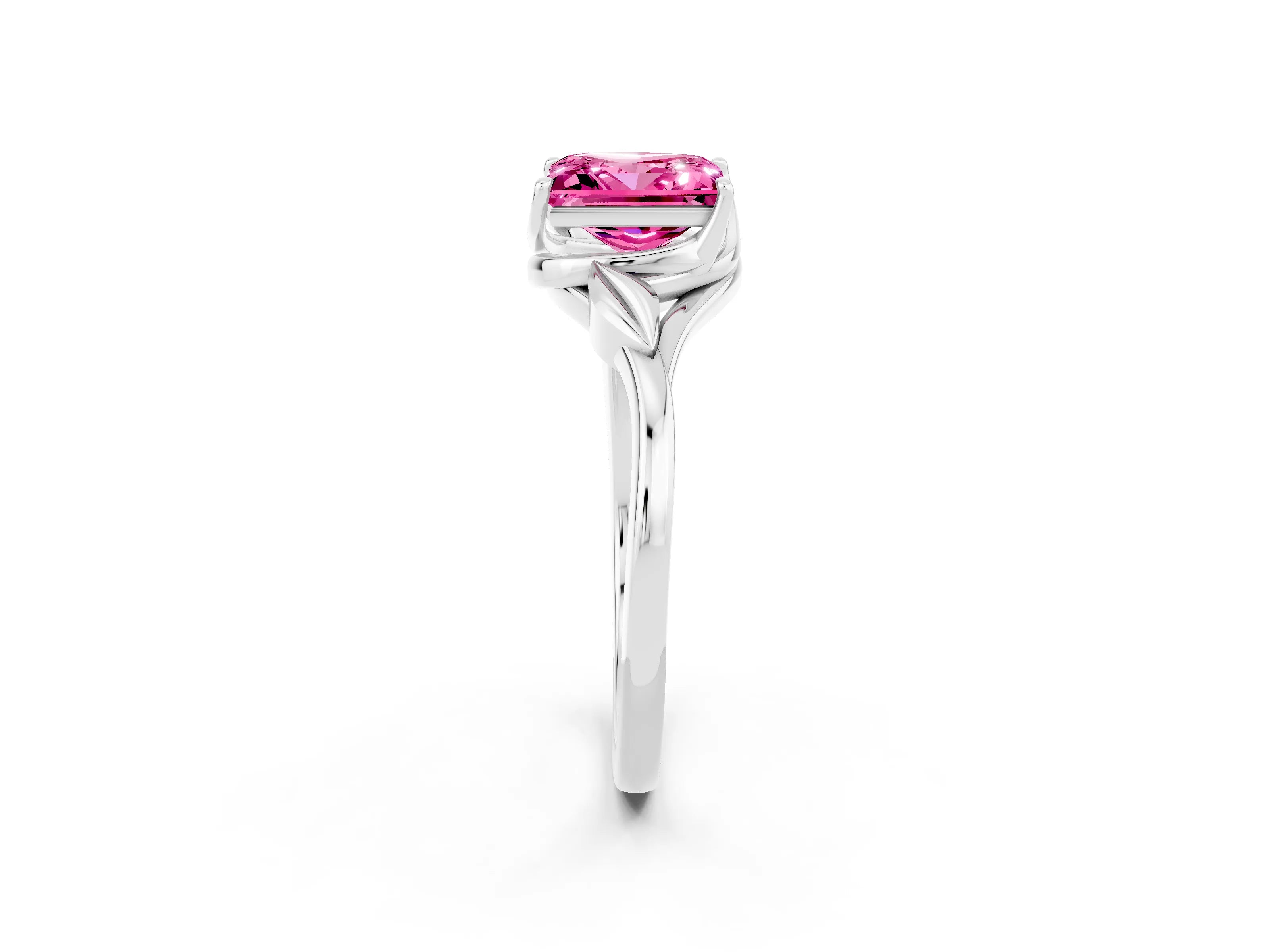 White gold Princess Cut Pink Sapphire Solitaire Ring with Twist Band and Four-Prong Setting_38