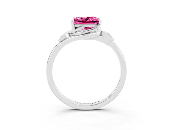 White gold Princess Cut Pink Sapphire Solitaire Ring with Twist Band and Four-Prong Setting