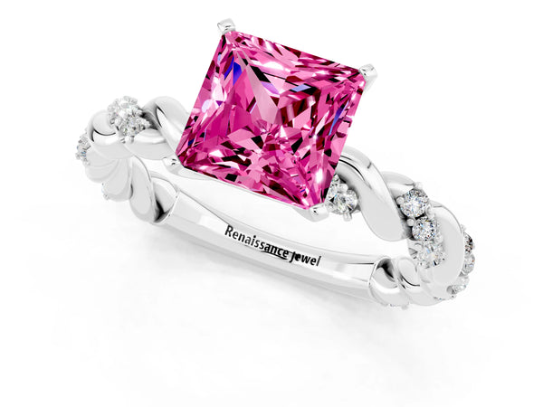 Platinum Princess Cut Pink Sapphire Solitaire Ring with Twisted Band and Pavé Accents