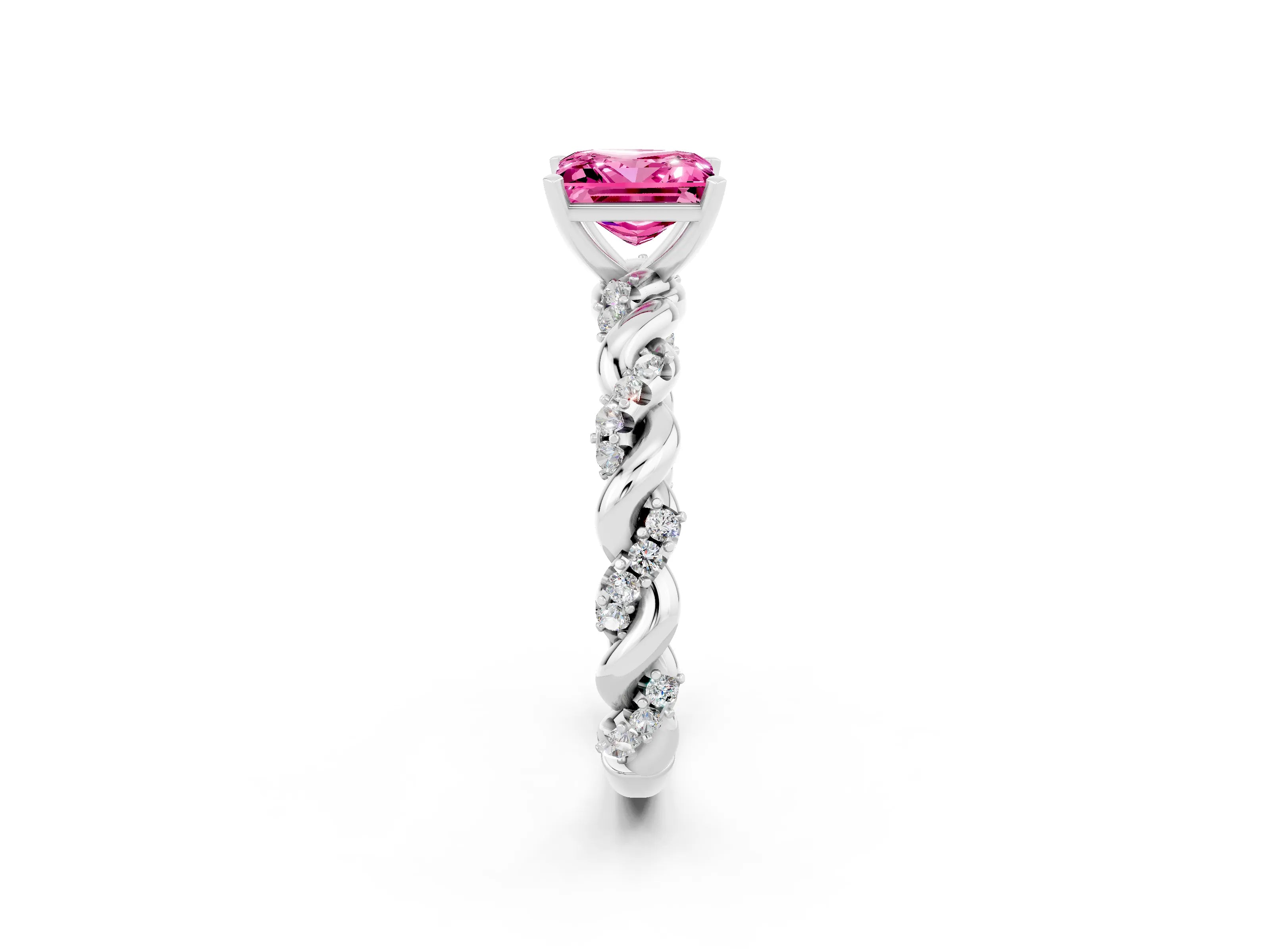 White gold Princess Cut Pink Sapphire Solitaire Ring with Twisted Band and Pavé Accents_2