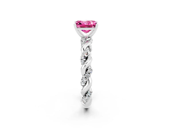 Silver Princess Cut Pink Sapphire Solitaire Ring with Twisted Band and Pavé Accents
