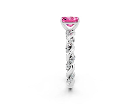 White gold Princess Cut Pink Sapphire Solitaire Ring with Twisted Band and Pavé Accents_2