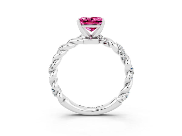 Platinum Princess Cut Pink Sapphire Solitaire Ring with Twisted Band and Pavé Accents