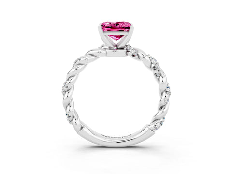 White gold Princess Cut Pink Sapphire Solitaire Ring with Twisted Band and Pavé Accents_3