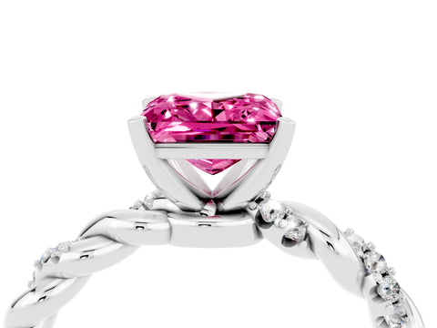 White gold Princess Cut Pink Sapphire Solitaire Ring with Twisted Band and Pavé Accents_4