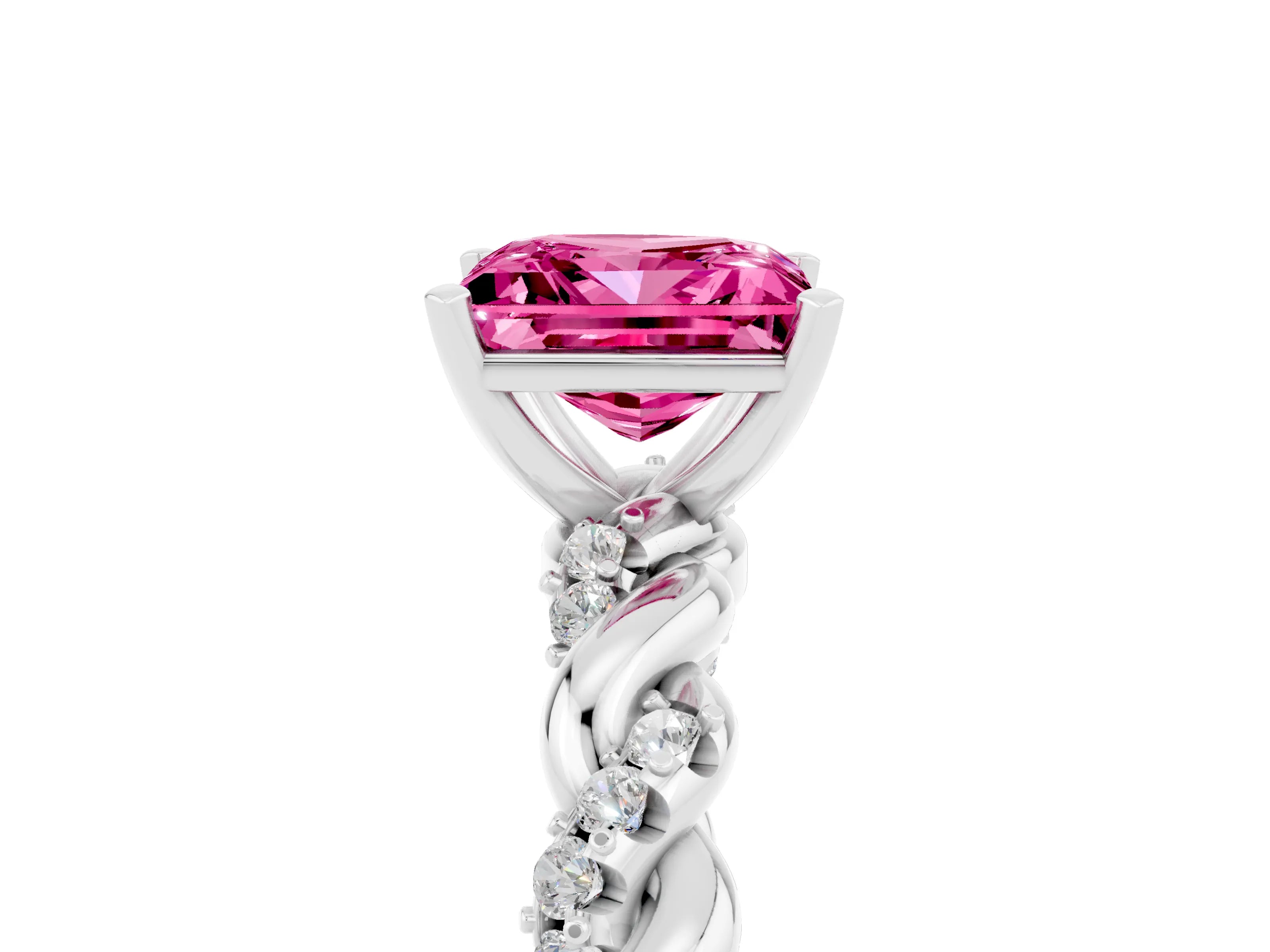 White gold Princess Cut Pink Sapphire Solitaire Ring with Twisted Band and Pavé Accents_5