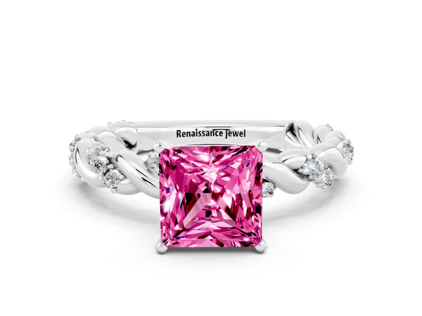 Silver Princess Cut Pink Sapphire Solitaire Ring with Twisted Band and Pavé Accents