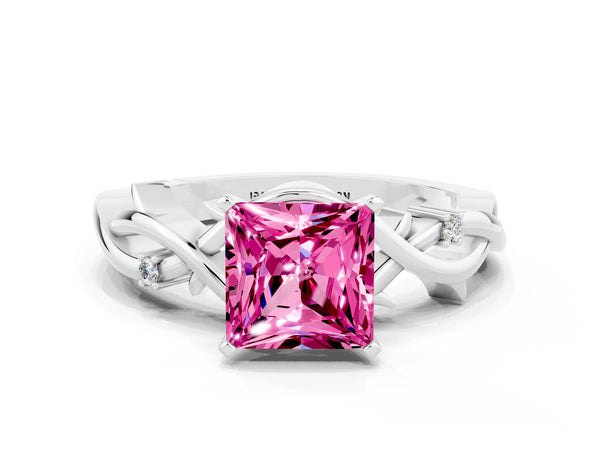 Platinum Princess Cut Pink Sapphire Solitaire Ring with Twisted Band and Prong Setting